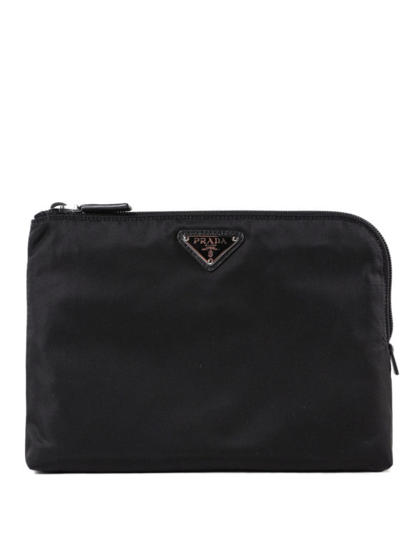 PRADA: clutches - Logo plaque nylon pouch