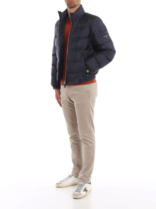 PRADA: padded jackets online - Semi glossy navy nylon puffer jacket