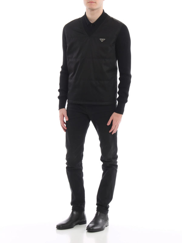 PRADA: v necks online - Padded nylon front wool sweater
