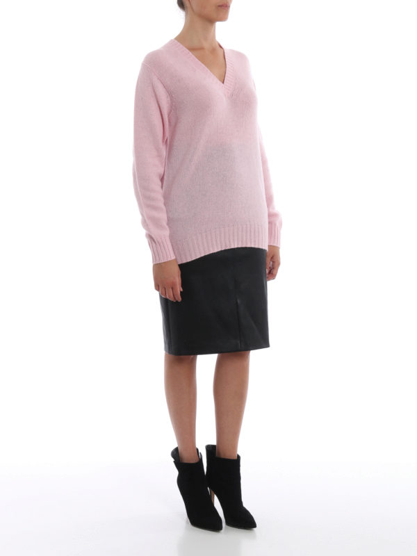 PRADA: v necks online - Pink mélange cashmere V-neck sweater