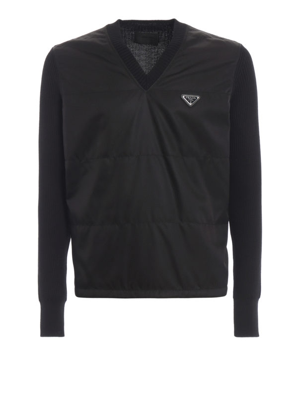 PRADA: v necks - Padded nylon front wool sweater