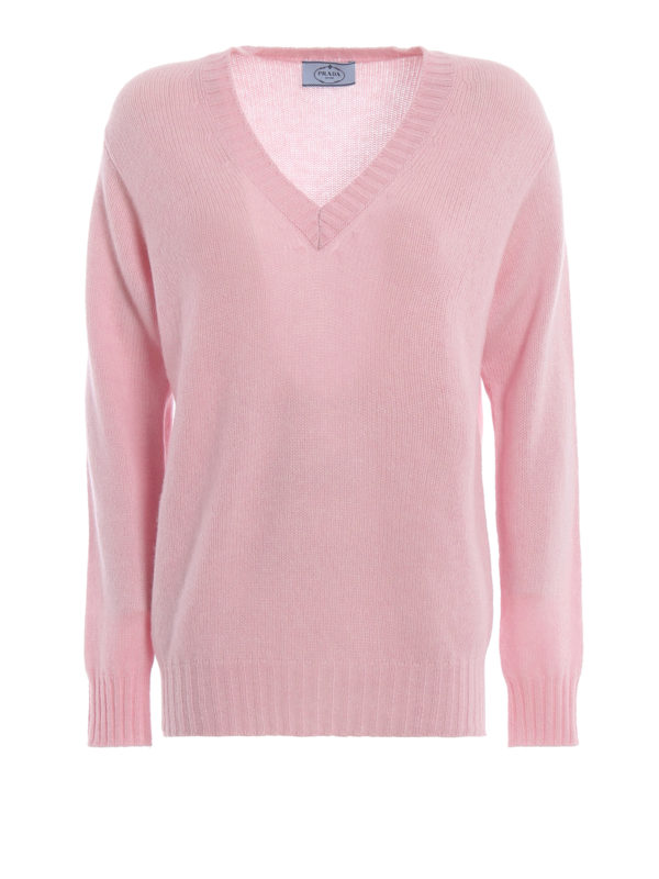 PRADA: v necks - Pink mélange cashmere V-neck sweater