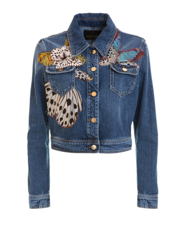 ROBERTO CAVALLI: denim jacket - Butterfly patch denim crop jacket
