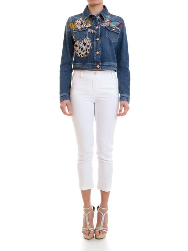 ROBERTO CAVALLI: denim jacket online - Butterfly patch denim crop jacket