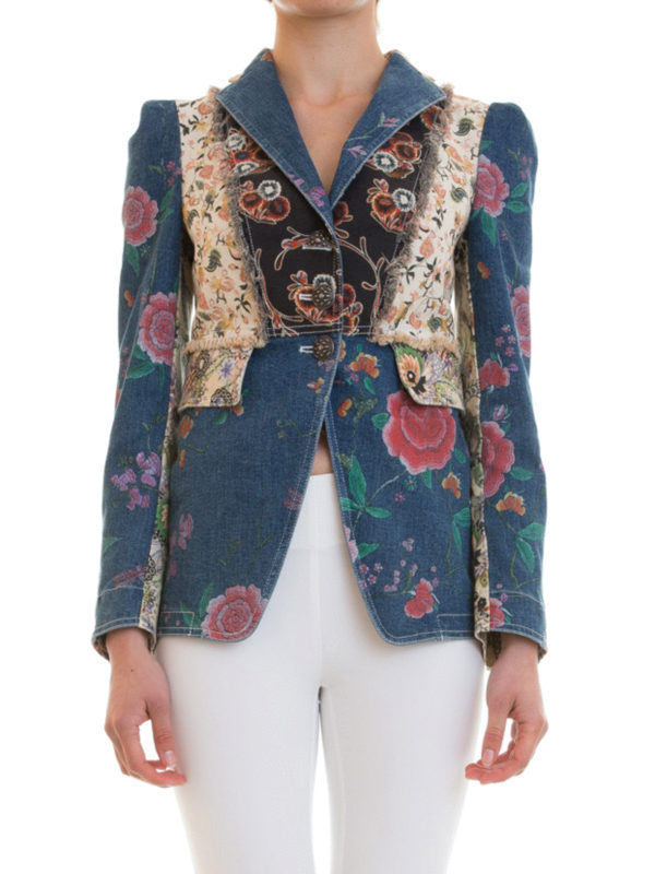ROBERTO CAVALLI: denim jacket online - Patterned denim patchwork blazer