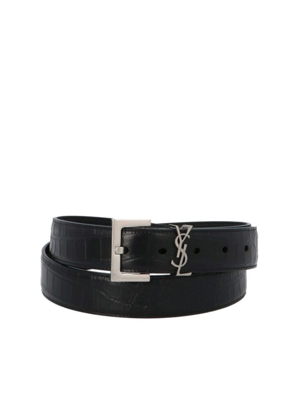 SAINT LAURENT: belts - YSL reptile print belt in black