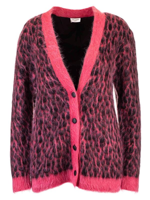 SAINT LAURENT: cardigans - Animalier jacquard cardigan in pink