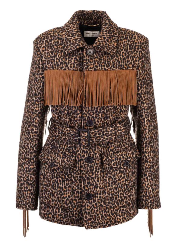 SAINT LAURENT: knee length coats - Animal print coat in brown and black