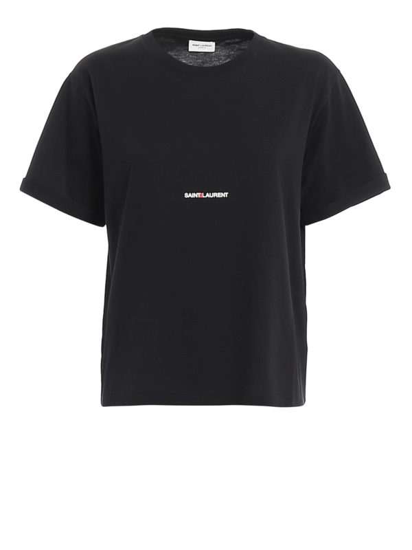 SAINT LAURENT: t-shirts - Logo lettering print black Tee