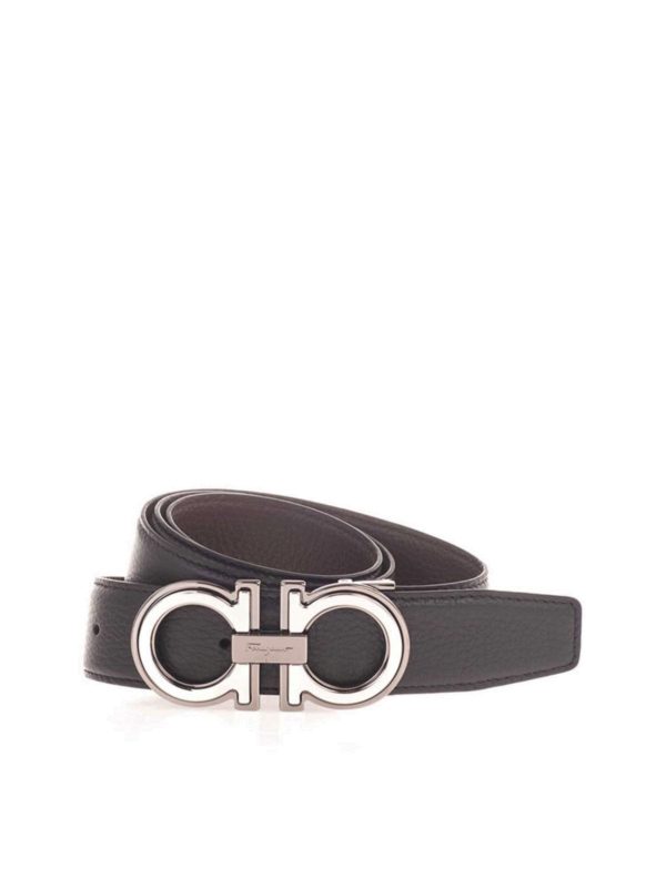 SALVATORE FERRAGAMO: belts - Reversible Gancini belt in black and hickory