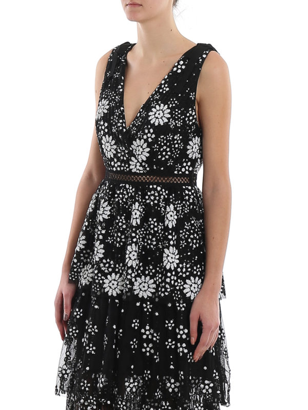 Self Portrait Embroidered tulle long dress - Black|RS20087