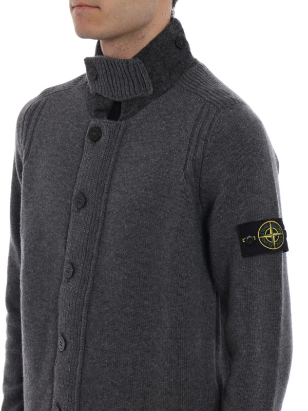 STONE ISLAND buy online Grey wool cardigan with buttoned mock neck