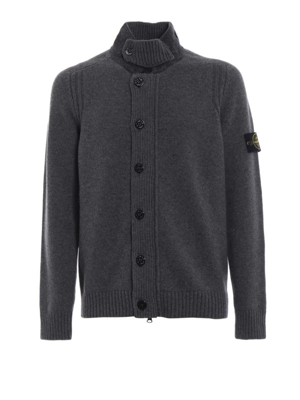 STONE ISLAND: cardigans - Grey wool cardigan with buttoned mock neck