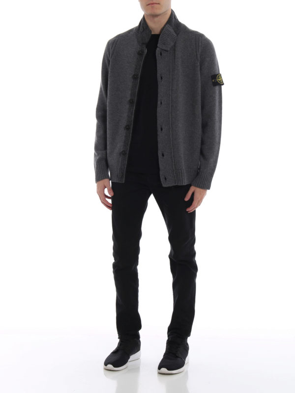 STONE ISLAND: cardigans online - Grey wool cardigan with buttoned mock neck