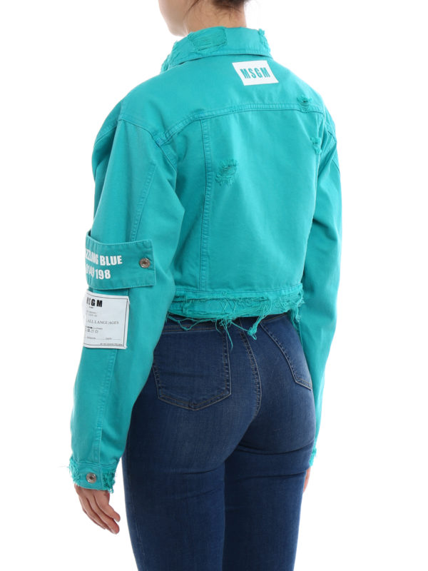 Teal denim cropped jacket shop online: m.s.g.m.