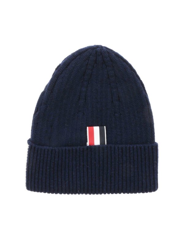THOM BROWNE: hats & caps - 4 Bar Stripe beanie in blue cashmere