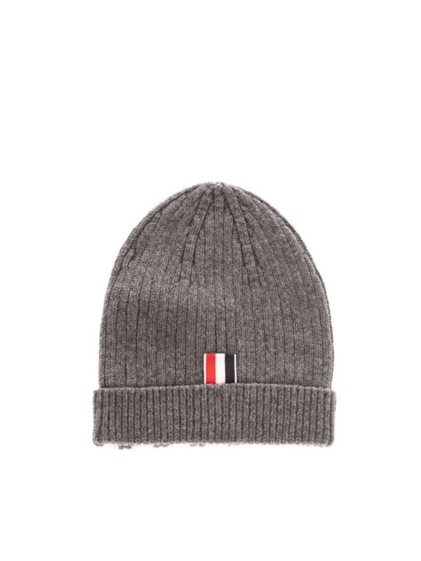 THOM BROWNE: hats & caps - Striped ribbed cap in grey