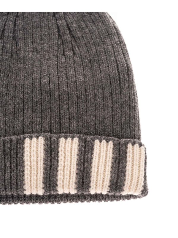 THOM BROWNE: hats & caps online - Striped ribbed cap in grey