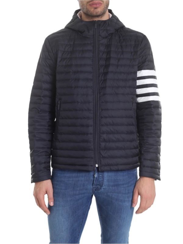 THOM BROWNE: padded coats - Hooded down jacket in blue
