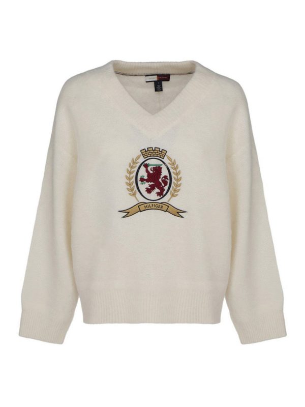 TOMMY HILFIGER: Strickpullover mit V-Ausschnitt - V-Pullover - Weiß
