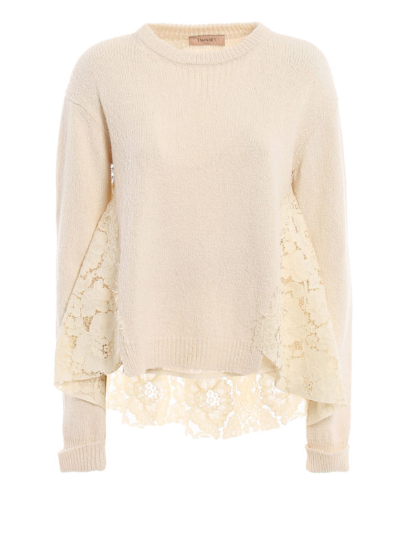 TWINSET: Strickpullover mit Rundhalsausschnitt - Rundhalspullover - Weiß