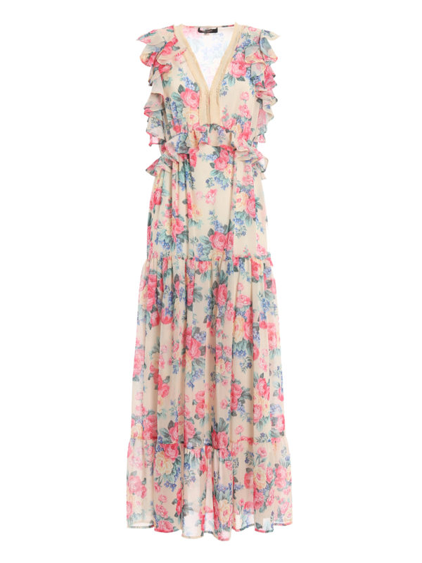 TWINSET: maxi dresses - Flower print georgette ruffled maxi dress
