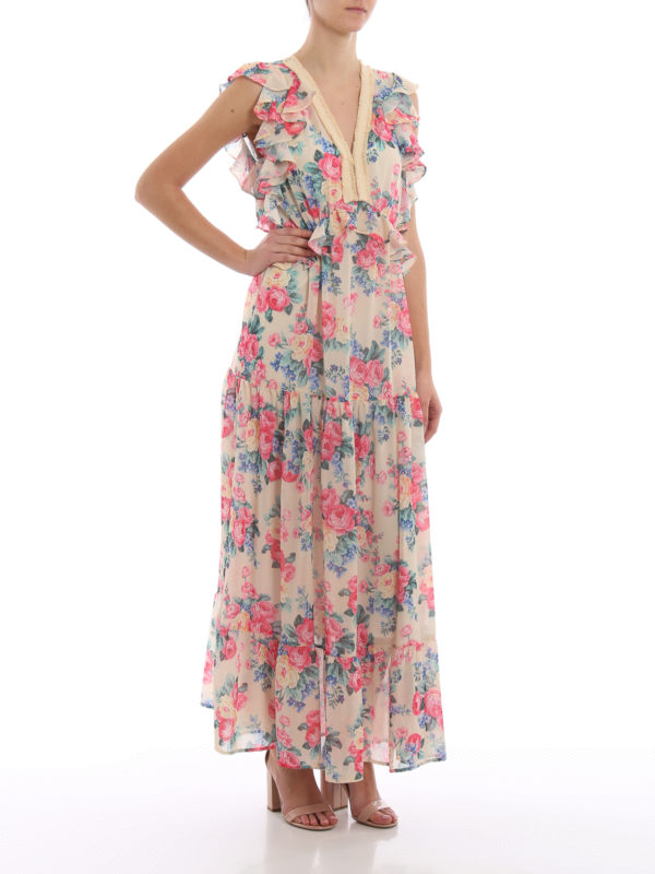 TWINSET: maxi dresses online - Flower print georgette ruffled maxi dress