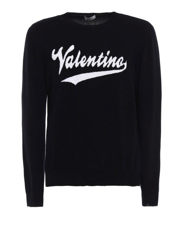 VALENTINO: crew necks - Logo intarsia black wool sweater