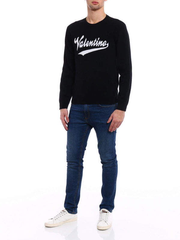VALENTINO: crew necks online - Logo intarsia black wool sweater