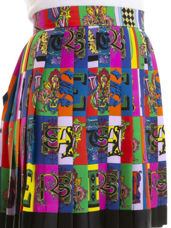 VERSACE buy online Alphabet print silk twill pleated skirt