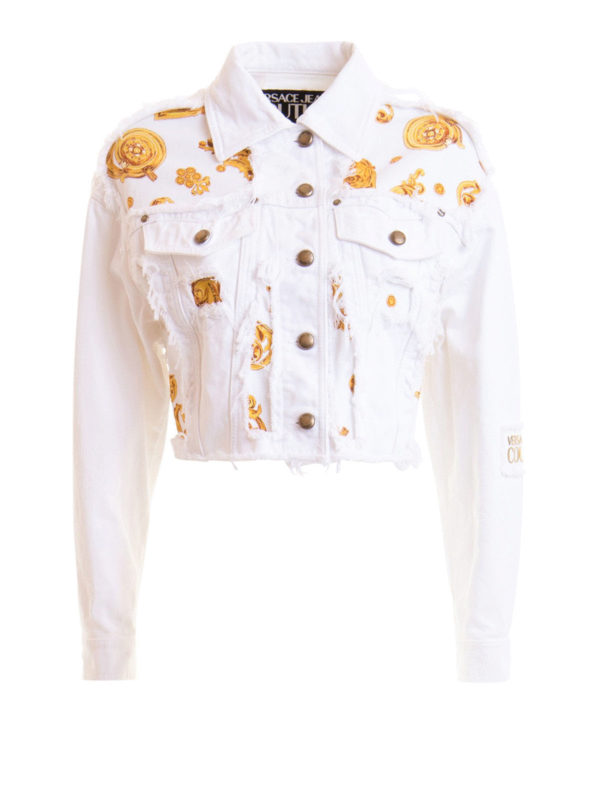 Versace Jeans Couture: denim jacket - Patterned denim cropped jacket
