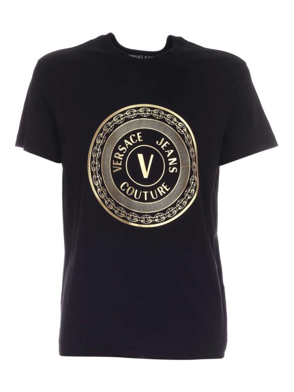 Versace Jeans Couture: t-shirt - T-shirt nera con stampa V-Emblem