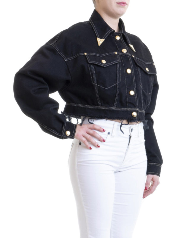 VERSACE JEANS: denim jacket online - Frayed denim cropped jacket