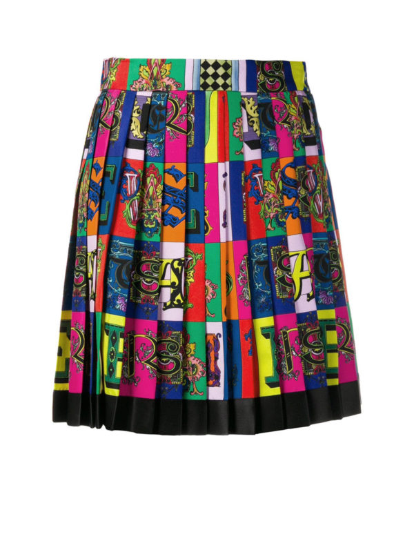 VERSACE: mini skirts - Alphabet print silk twill pleated skirt