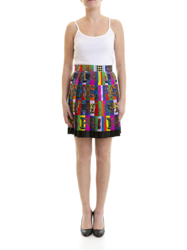 VERSACE: mini skirts online - Alphabet print silk twill pleated skirt