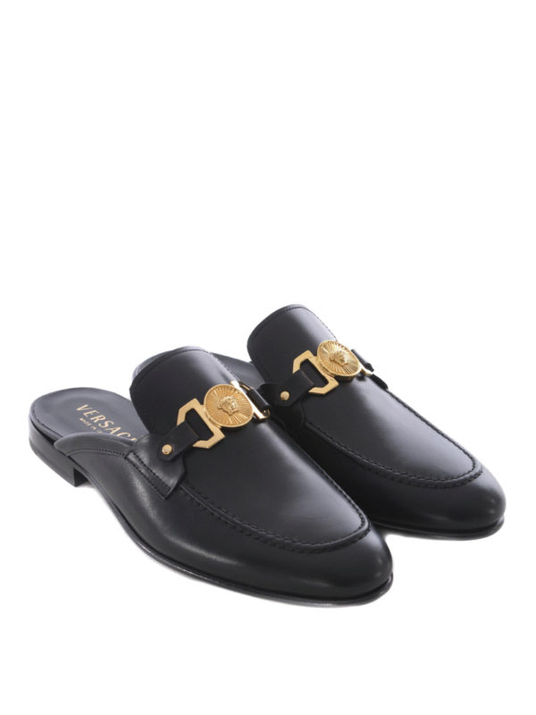 VERSACE: mules shoes online - Logo detailed brushed leather mules