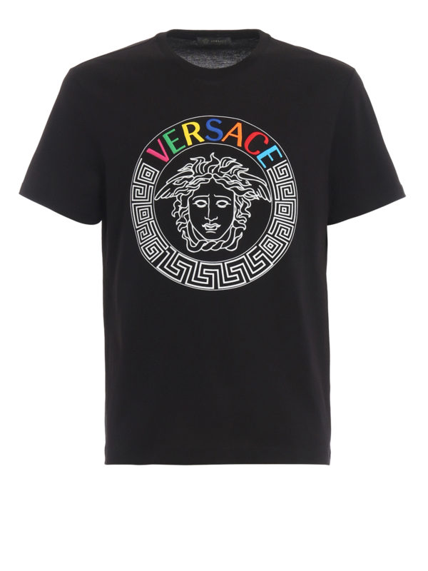 VERSACE: t-shirts - Rainbow logo embroidery black Tee