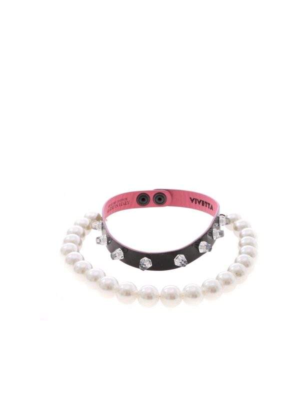Vivetta: Bracelets & Bangles - Black necklace with pearl and stud details