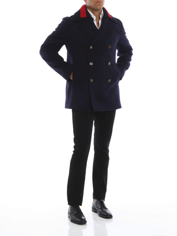 Web neck wool pea coat shop online: GUCCI