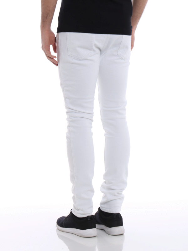 White denim biker jeans shop online: Balmain