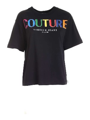 Versace Jeans Couture: t-shirts - Multicolor lettering T-shirt in black