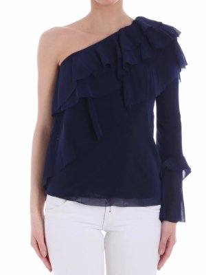 FUZZI: tops & shirts - Blue one-shoulder top with ruffles
