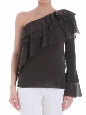 FUZZI: tops & shirts - Green one-shoulder top with ruffles