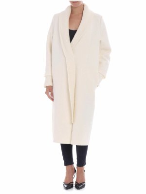 FUZZI: knee length coats - Cream-colored coat with knitted edges