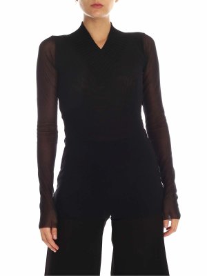 FUZZI: t-shirts - Black tulle T-shirt with knitted neckline