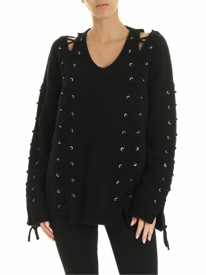 McQ Alexander Mcqueen: v necks - Black pullover with corset details