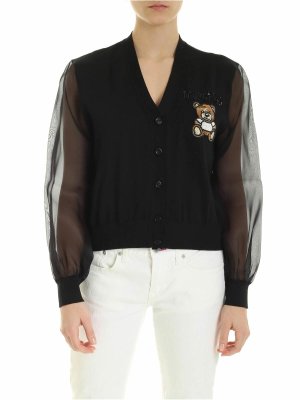 MOSCHINO: cardigans - Teddy Embroidery cardigan in black