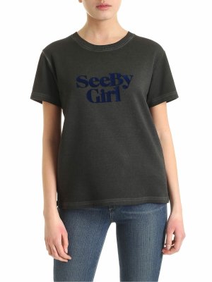 SEE BY CHLOE': t-shirts - Velvet logo T-shirt in grey