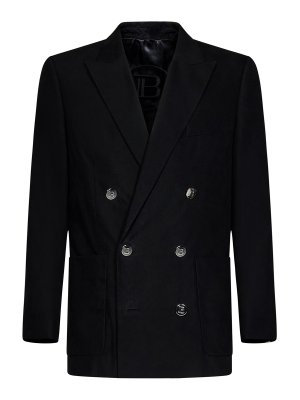 Balmain: blazers - Black cotton twill double-breasted blazer
