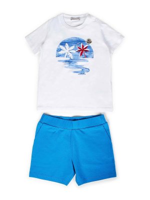 MONCLER JR: crew necks - White Light Blue Stretch Cotton Outfit